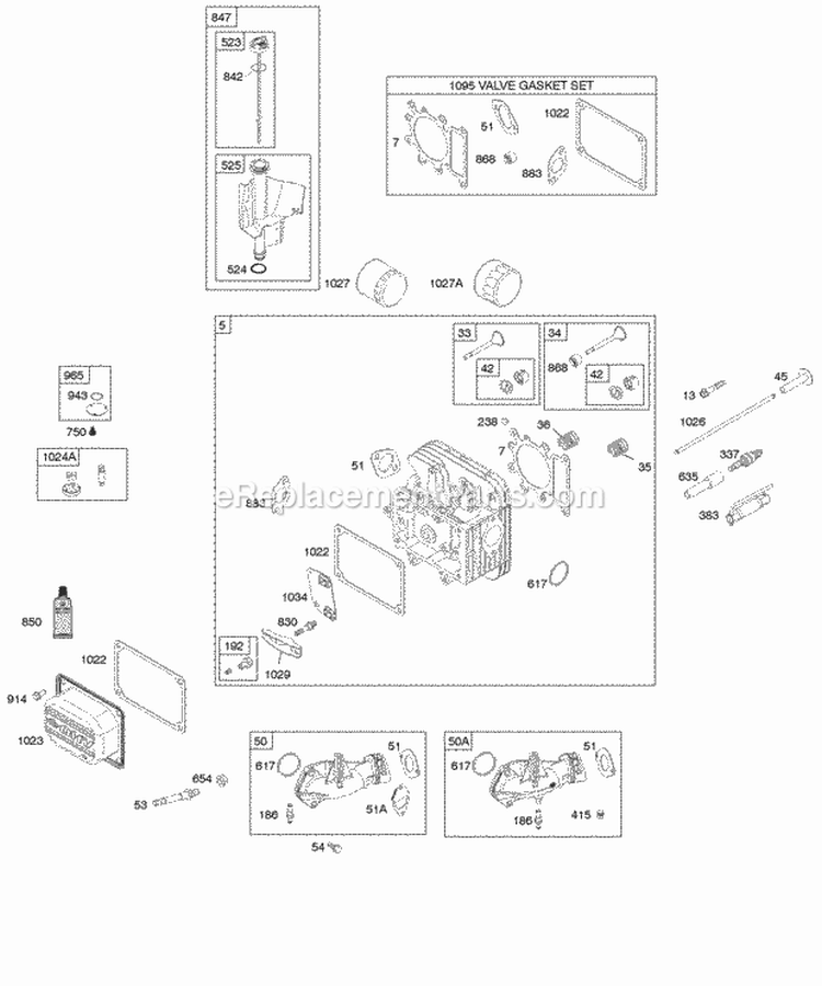 Cylinder Head Gasket Set - Valve Intake Manifold Lubrication Valves Diagram and Parts List for 31P977-0670-E1  Briggs and Stratton Engine